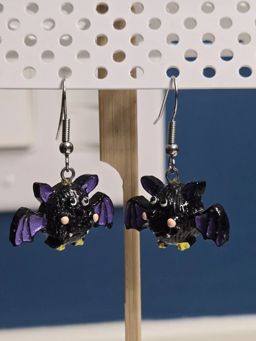 Whimsical Black & Purple Bat Dangle Earrings